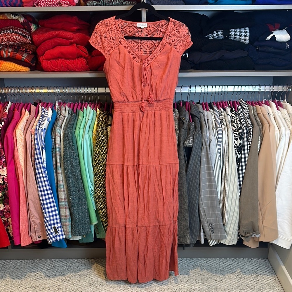 Luxology terracotta cap sleeve embroidered elastic waistband maxi dress size S